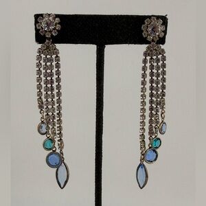 Silver Toned Blue and White Rhinestones 4 Strand Dangle Earrings